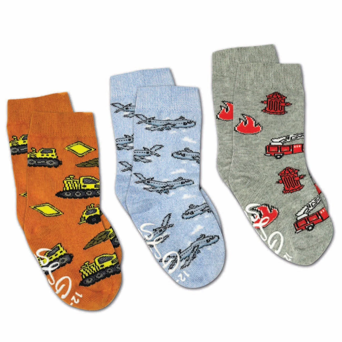 Airplanes, Construction And Firefighter Kids Socks - 3-Pack by Good Luck Sock