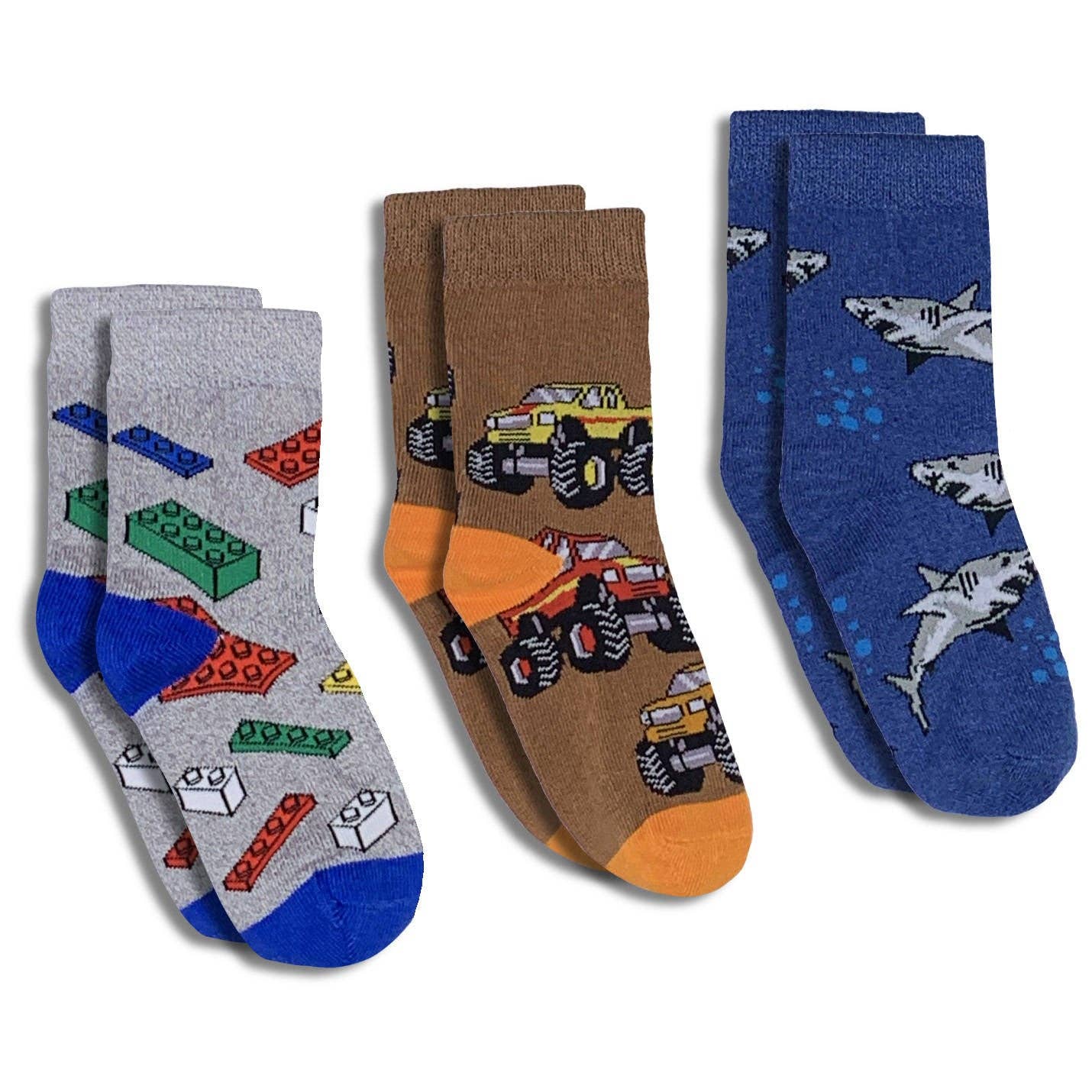 Building Blocks, Trucks and Sharks Kids Socks - 3 Pack by Good Luck Sock