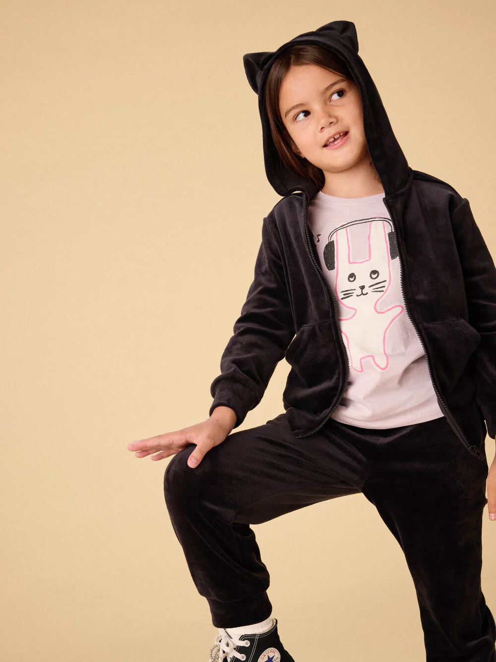 Cat Ears Velour Hoodie - Jet Black by Tea Collection - FINAL SALE - Image 5