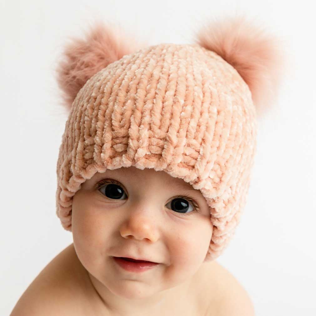 Chenille Double Pom Beanie Hat - Champagne by Huggalugs - Image 2