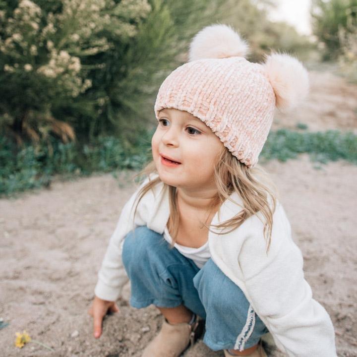 Chenille Double Pom Beanie Hat - Champagne by Huggalugs - Image 3