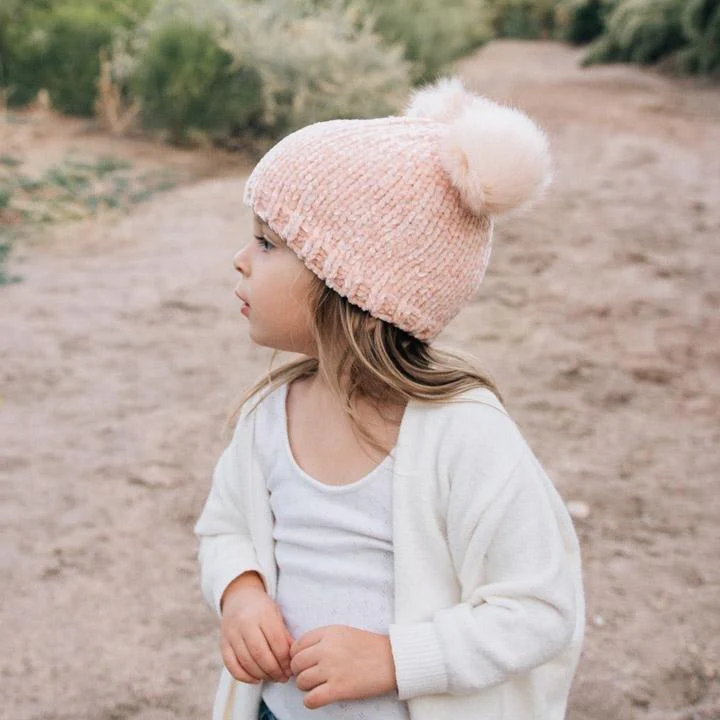 Chenille Double Pom Beanie Hat - Champagne by Huggalugs - Image 4
