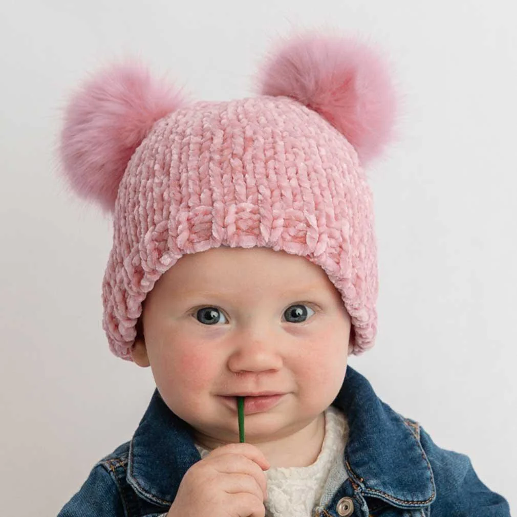 Chenille Double Pom Beanie Hat - Rosy by Huggalugs - Image 2