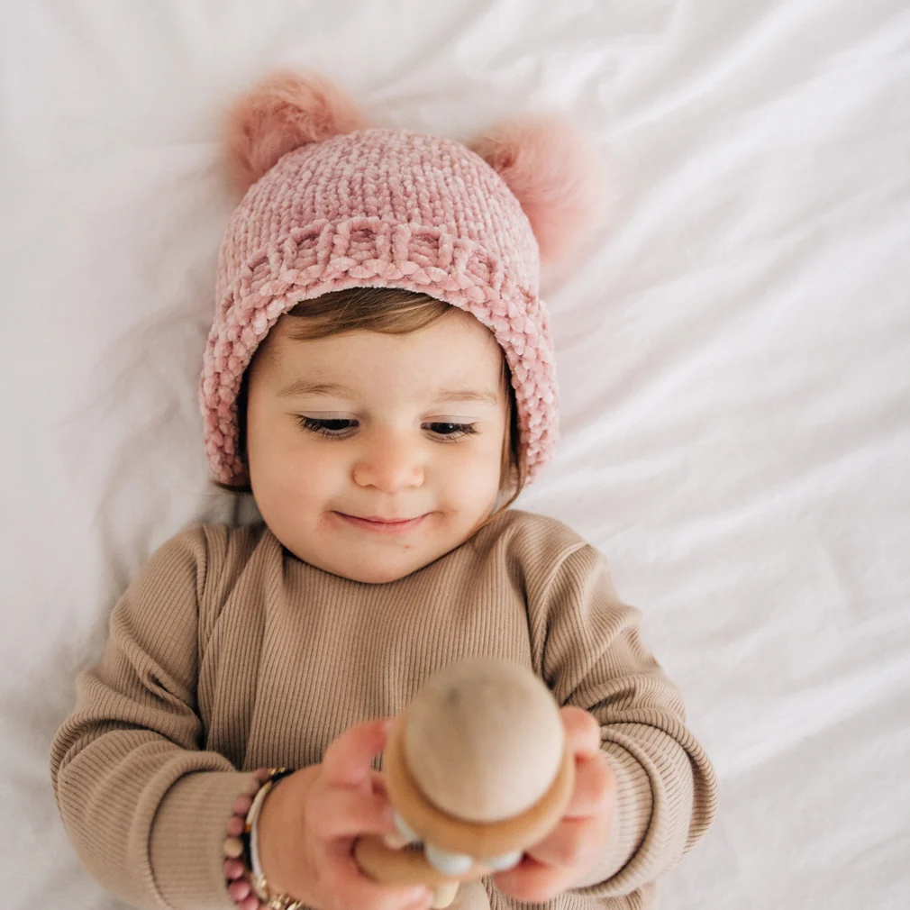 Chenille Double Pom Beanie Hat - Rosy by Huggalugs - Image 3