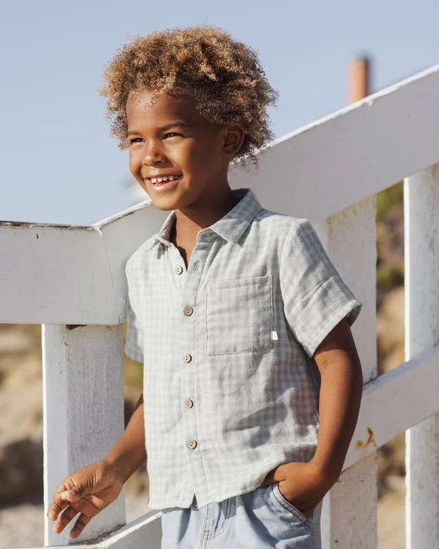 Collared Short Sleeve Shirt - Green Gingham by Rylee + Cru - Image 2