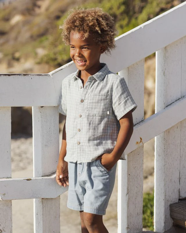 Collared Short Sleeve Shirt - Green Gingham by Rylee + Cru - Image 3