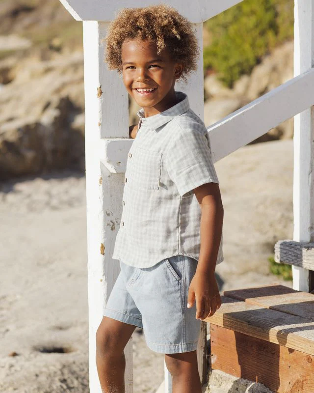 Collared Short Sleeve Shirt - Green Gingham by Rylee + Cru - Image 4