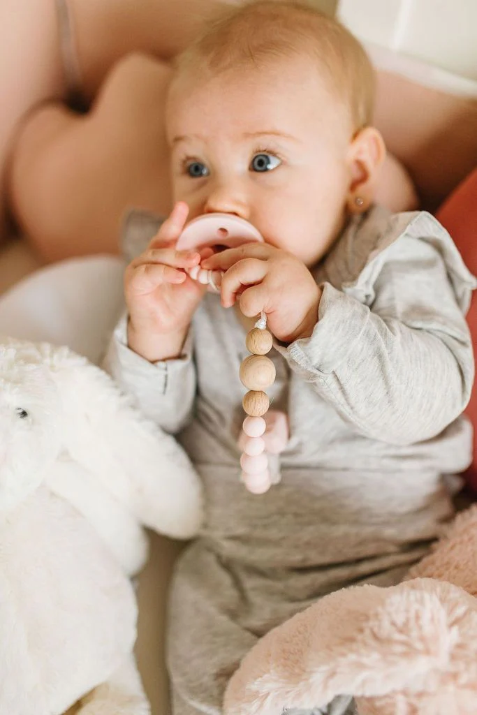 Color Pop Silicone + Wood Pacifier Clip - Pink Quartz by Loulou Lollipop - Image 2