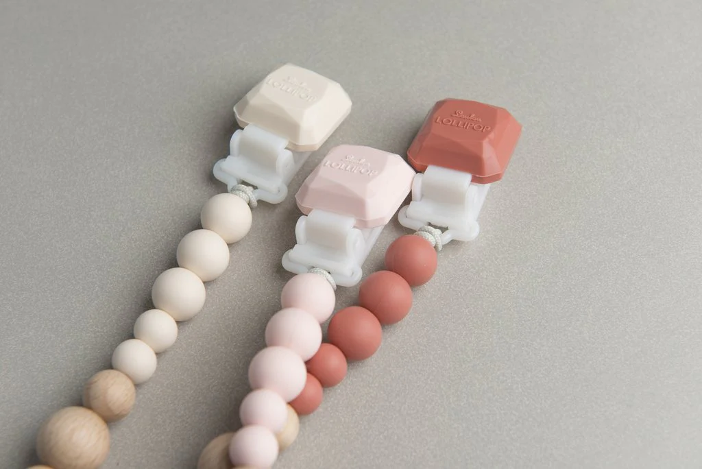Color Pop Silicone + Wood Pacifier Clip - Pink Quartz by Loulou Lollipop - Image 3