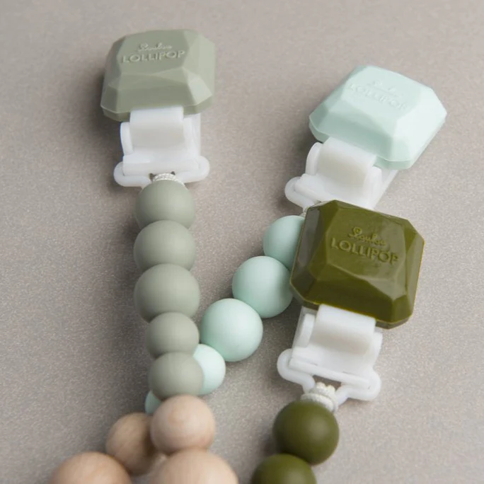 Color Pop Silicone + Wood Pacifier Clip - Silver Sage by Loulou Lollipop - Image 2