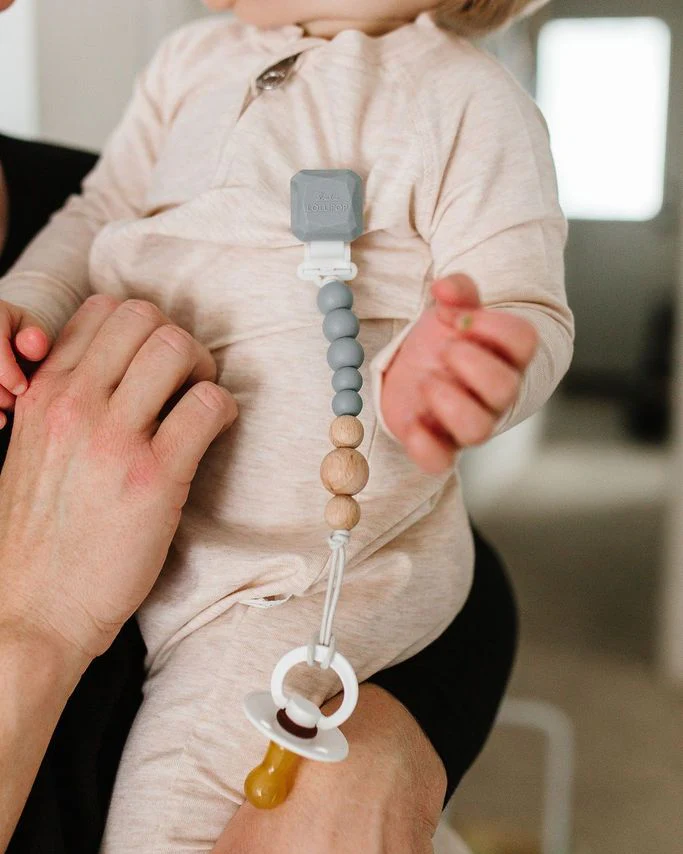 Color Pop Silicone + Wood Pacifier Clip - Slate by Loulou Lollipop - Image 2