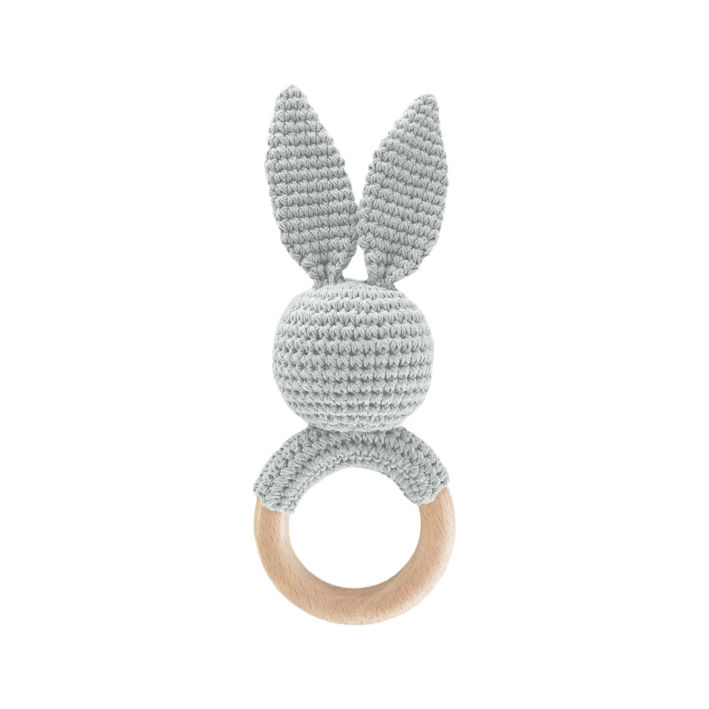 Cotton Crochet Rattle Teether - Grey Bunny by The Blueberry Hill