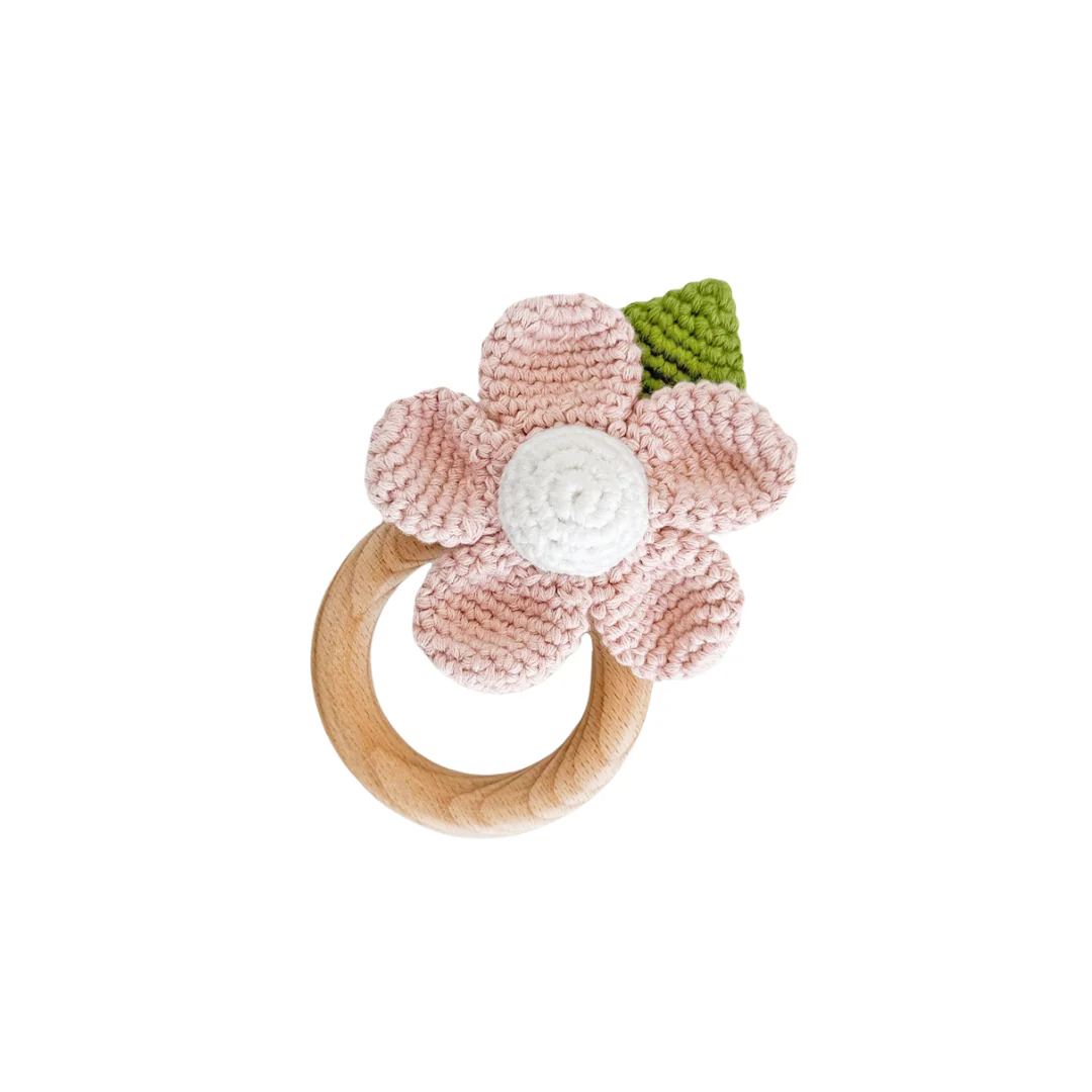 Cotton Crochet Rattle Teether - Pink Flower by The Blueberry Hill