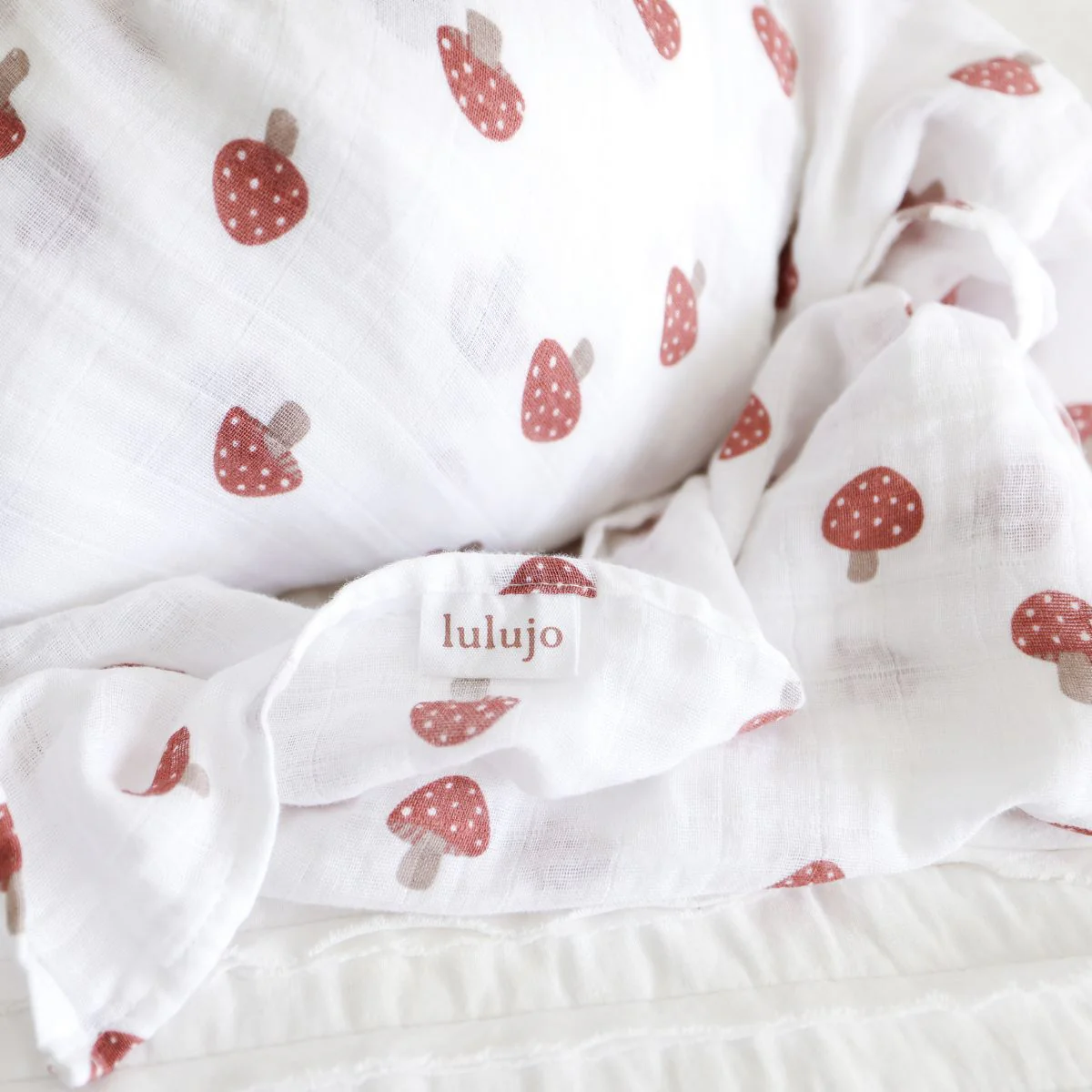 Cotton Muslin Swaddle - Mushroom by Lulujo - Image 5