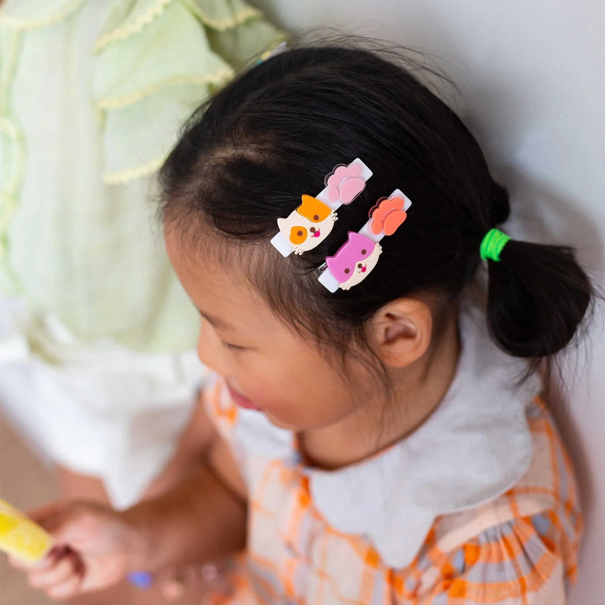 Cute Kitty Pink Mustard Hair Clips by Lilies & Roses NY - Image 2