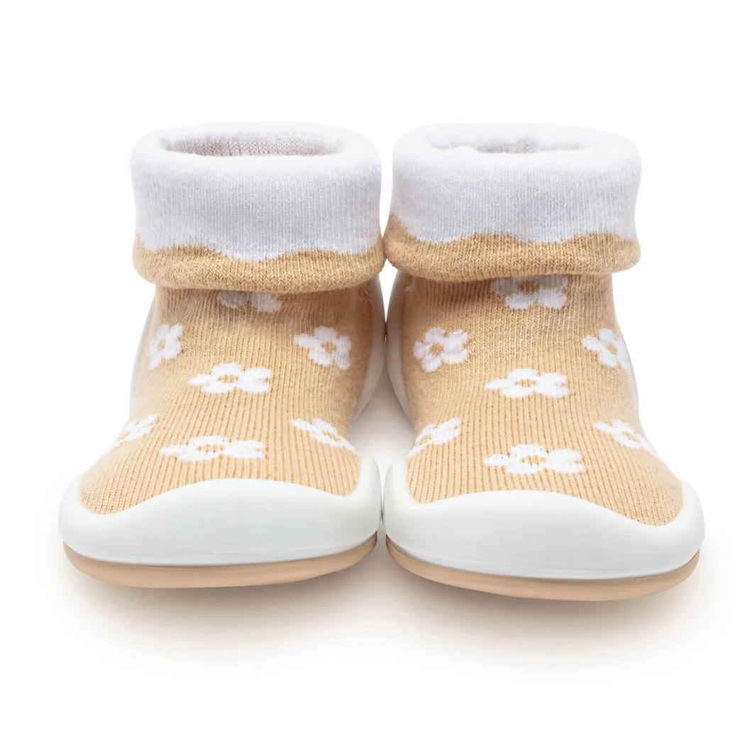 First Walker Baby Sock Shoes - Daisies - Latte by Komuello - Image 4