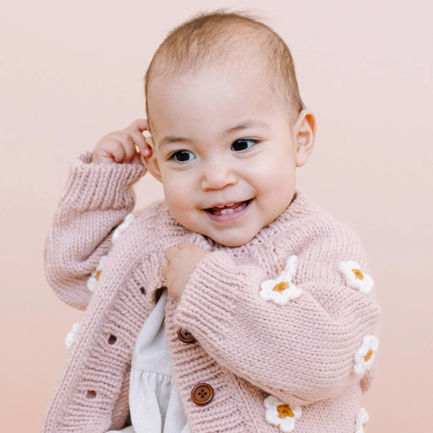 Flower Hand Knit Cardigan Sweater - Blush by The Blueberry Hill - Image 2
