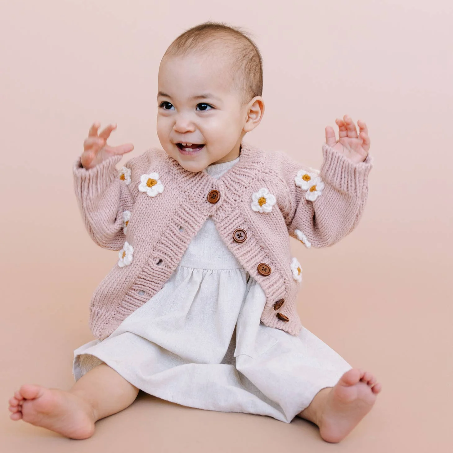 Flower Hand Knit Cardigan Sweater - Blush by The Blueberry Hill - Image 3