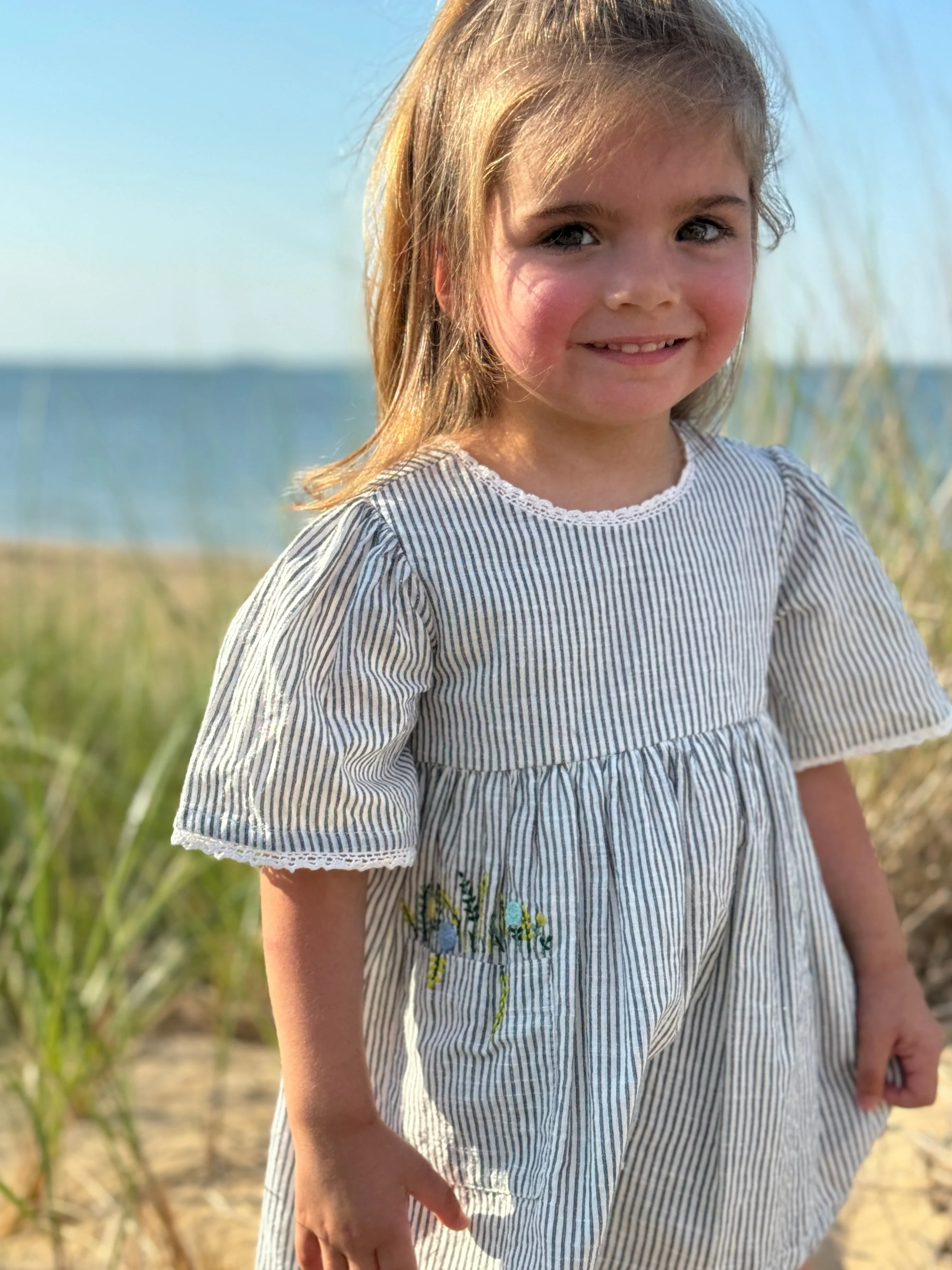 Flower Pocket Dress - Grey Stripe by Poppet & Fox - Image 2