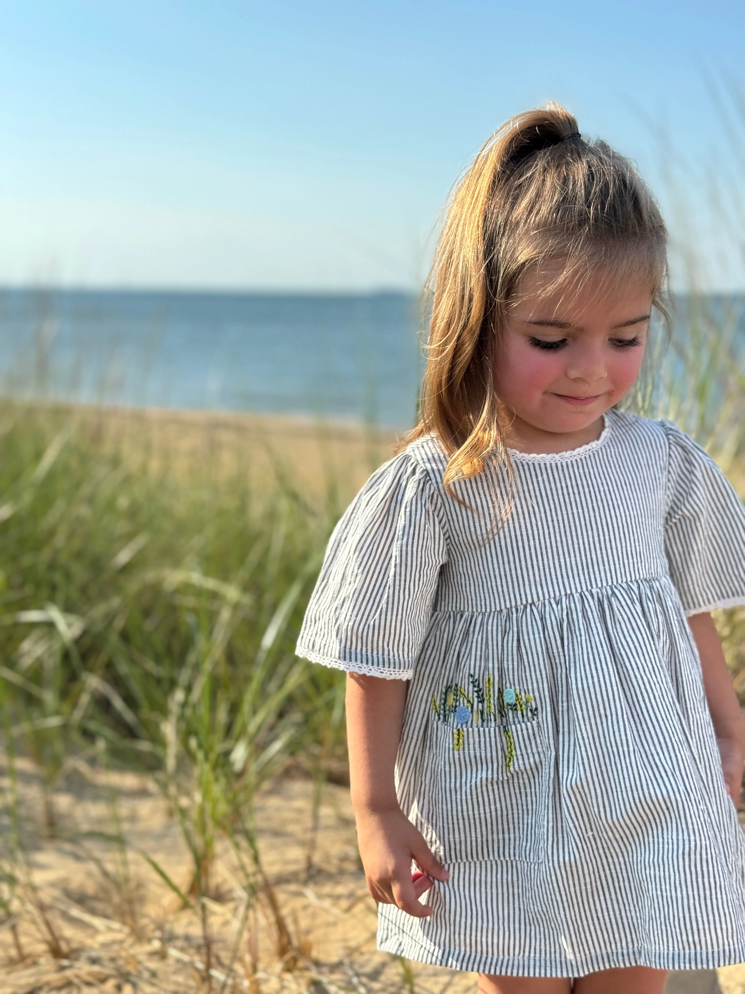 Flower Pocket Dress - Grey Stripe by Poppet & Fox - Image 3