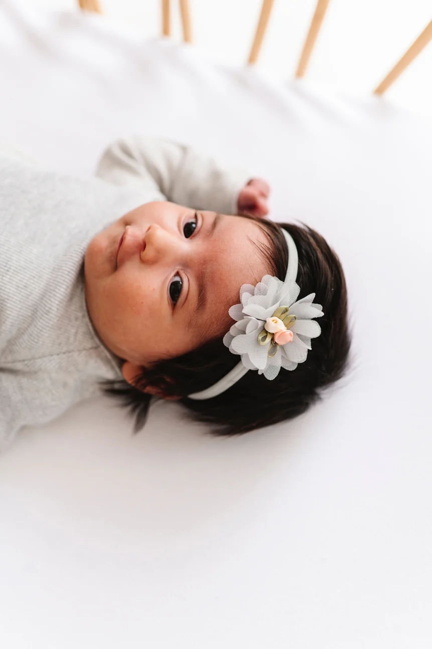 Flower Skinny Soft Nylon Headband - Magnolia Dusty Blue by Baby Bling - Image 3
