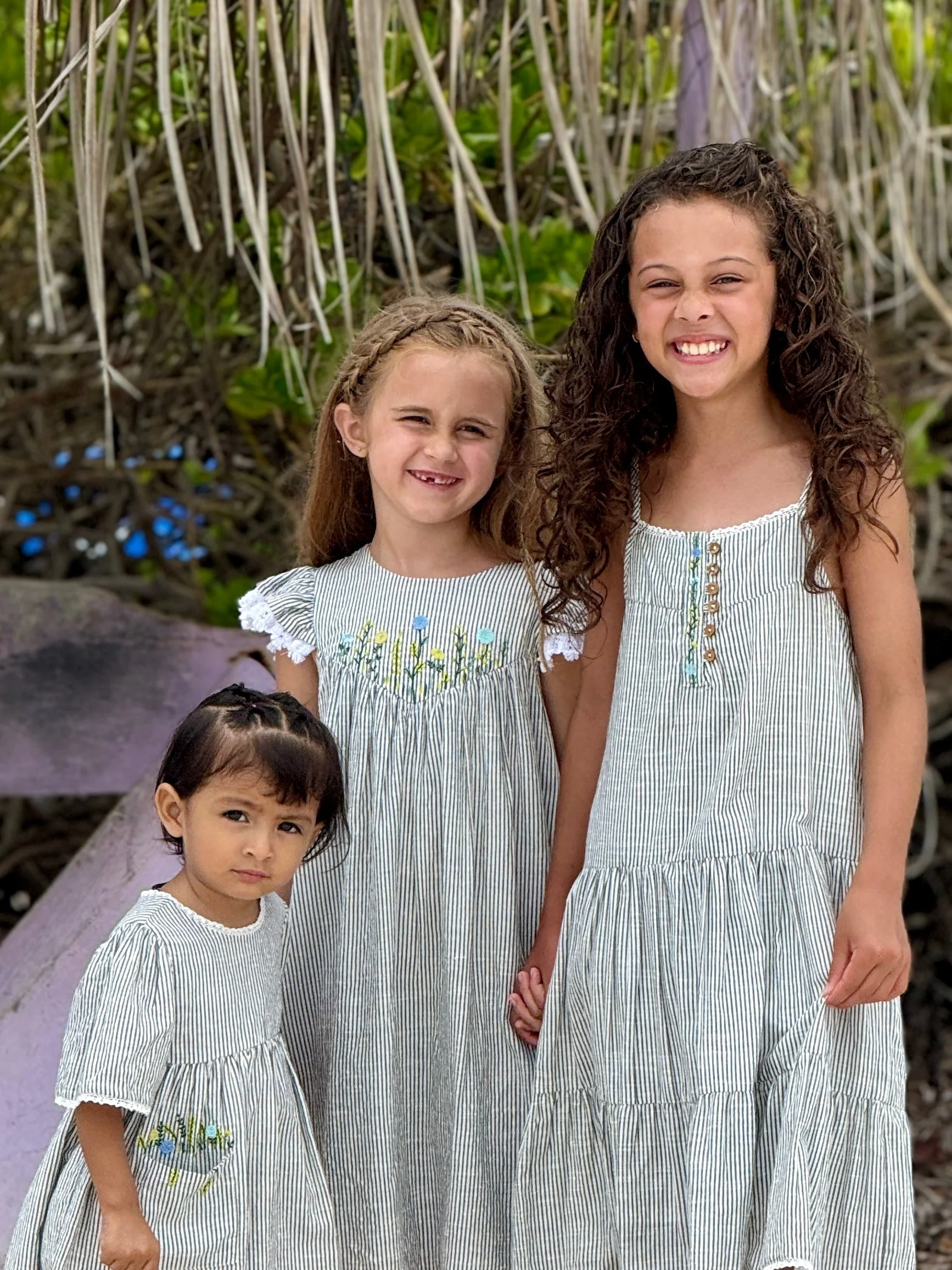 Flutter Sleeve Dress With Floral Embroidered Bib - Grey Stripe by Poppet & Fox - Image 4