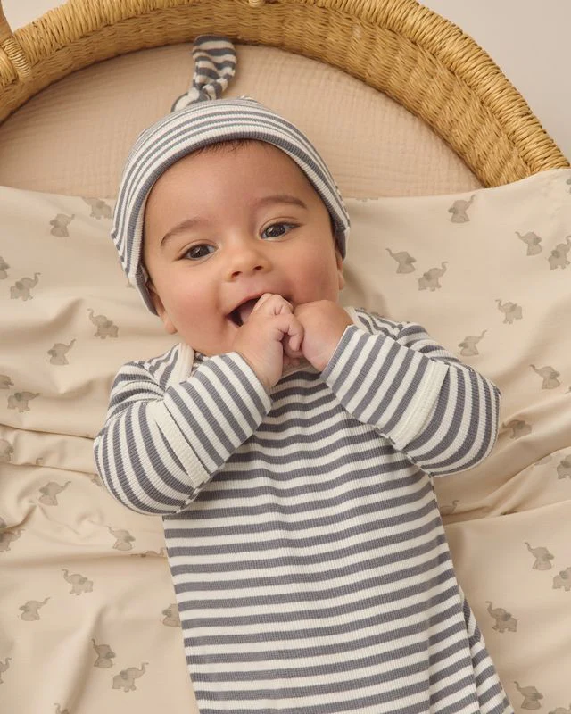 Knotted Baby Gown + Hat Set - Ocean Stripe by Quincy Mae - Image 4