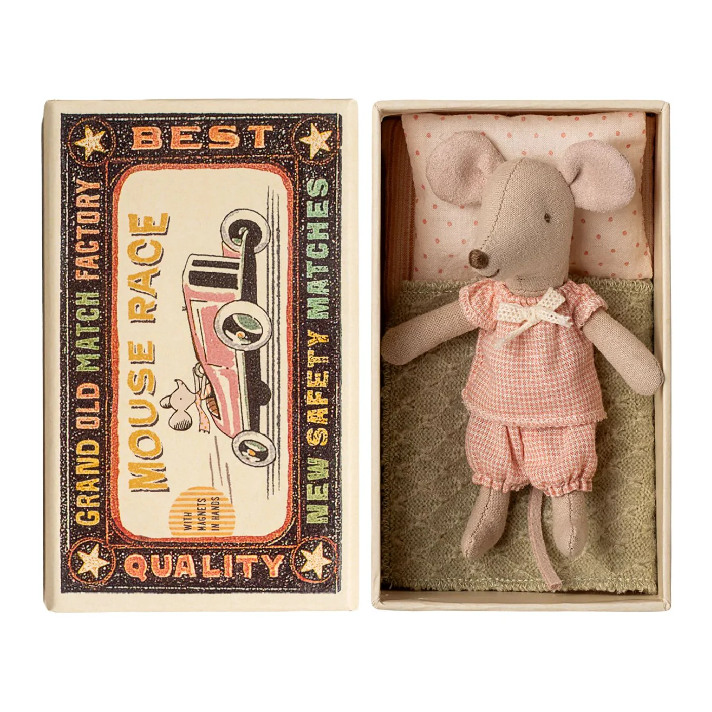 Little Sister Mouse in Matchbox - Pink Check Pajamas by Maileg