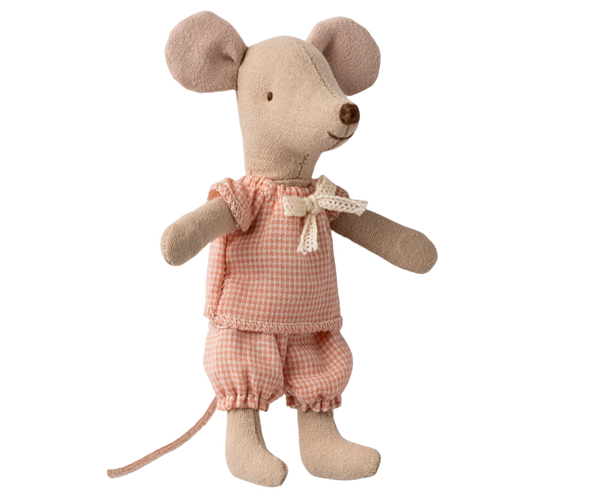 Little Sister Mouse in Matchbox - Pink Check Pajamas by Maileg - Image 3