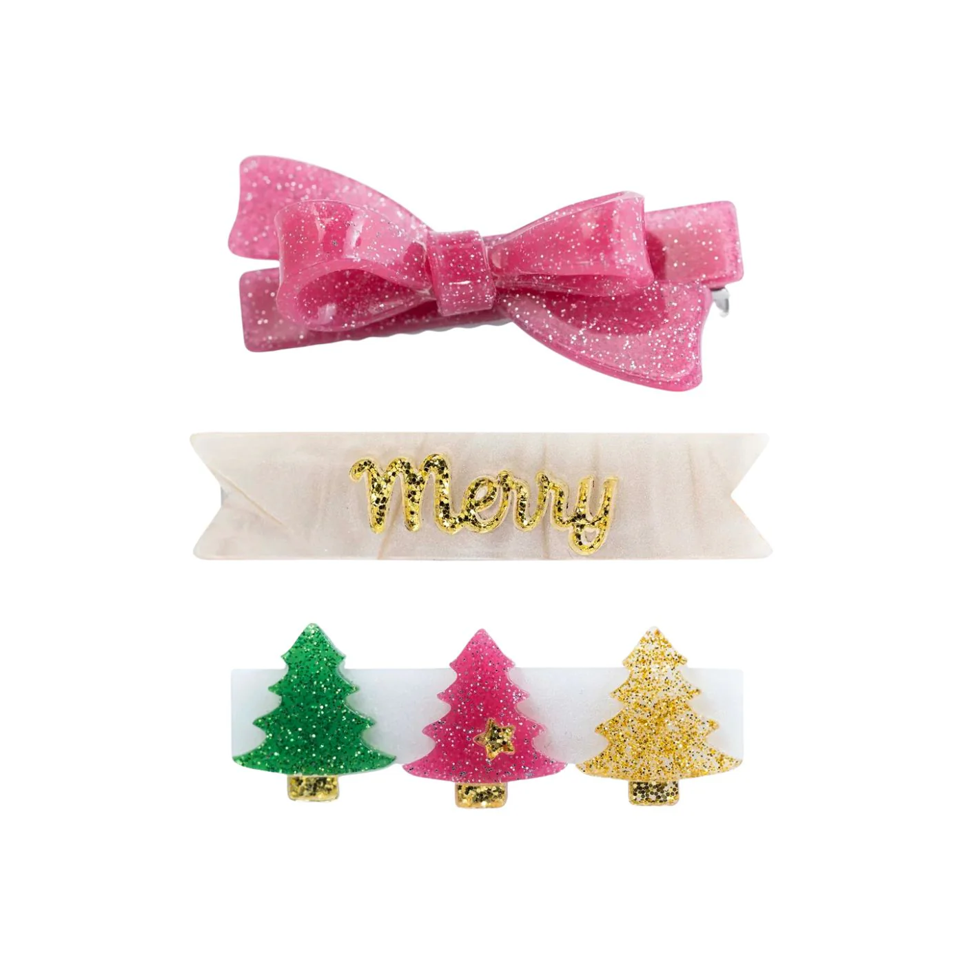 Merry Trees Vintage Glitter Bow Hair Clips by Lilies & Roses NY - FINAL SALE