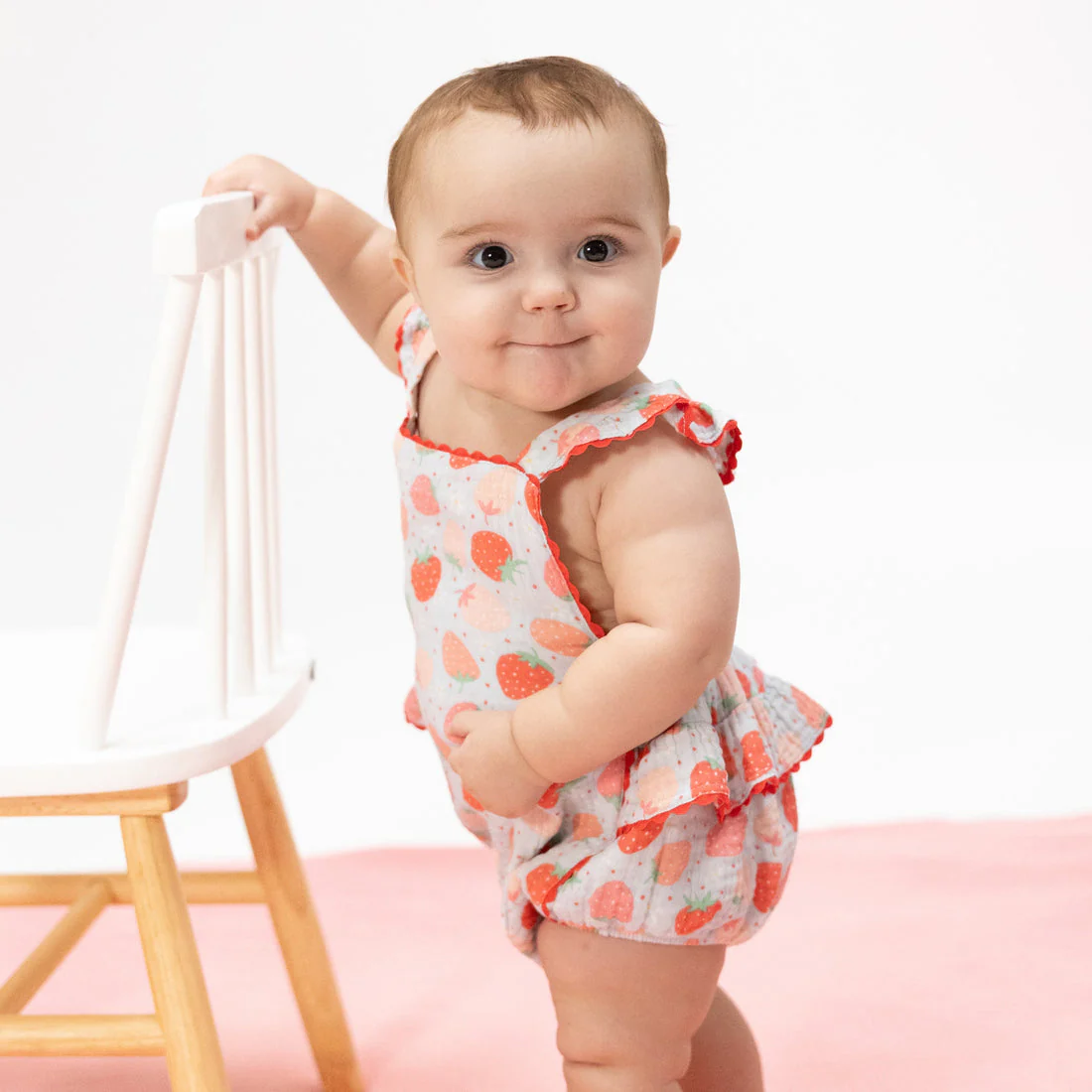 Muslin Ric Rac Ruffle Sunsuit - Strawberry Bliss by Angel Dear - Image 2