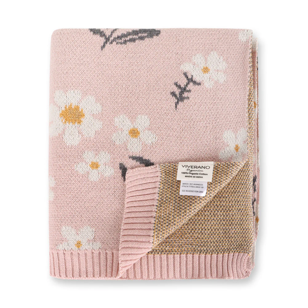 Organic Cotton Jacquard Sweater Knit Baby Blanket - Daisy Floral by Viverano Organics - Image 4