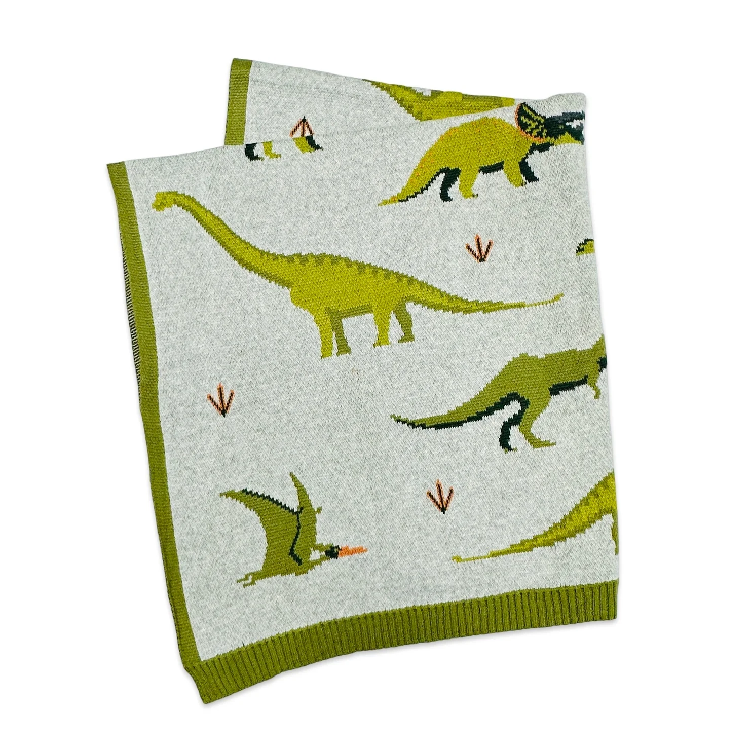 Organic Cotton Jacquard Sweater Knit Baby Blanket - Green Dinosaurs by Viverano Organics - Image 3
