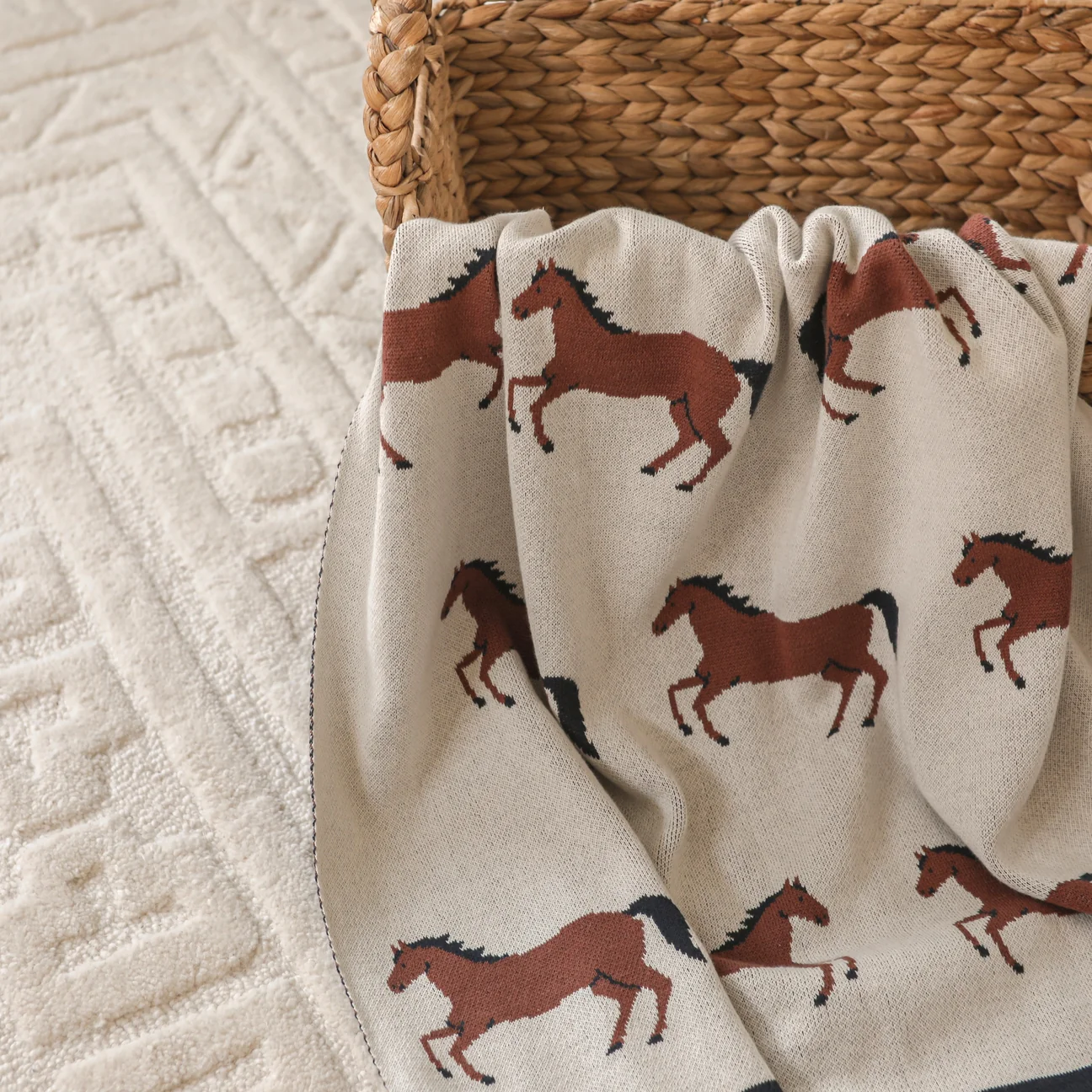 Organic Cotton Jacquard Sweater Knit Baby Blanket - Horse by Viverano Organics - Image 3