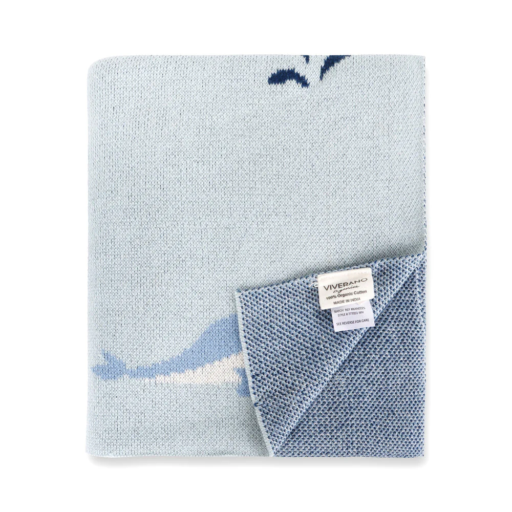 Organic Cotton Jacquard Sweater Knit Baby Blanket - Whales by Viverano Organics - Image 7