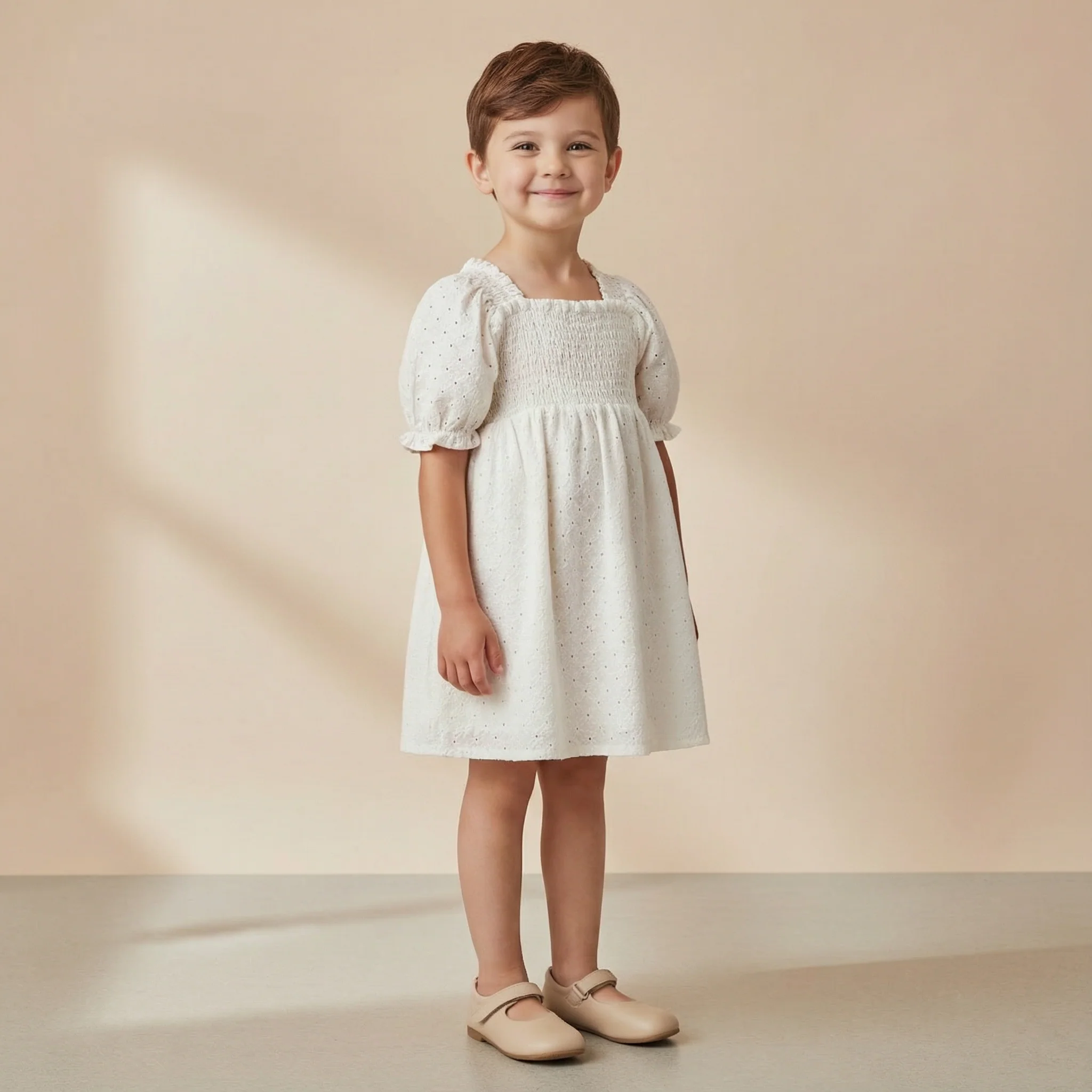 Organic Eyelet Bubble Sleeve Dress - Ivory Eyelet by Makemake Organics - Image 2