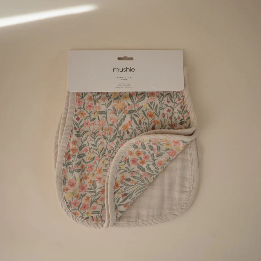 Organic Muslin Burp Cloth 2 Pack - Pastel Blooms/Fog by Mushie & Co - Image 2