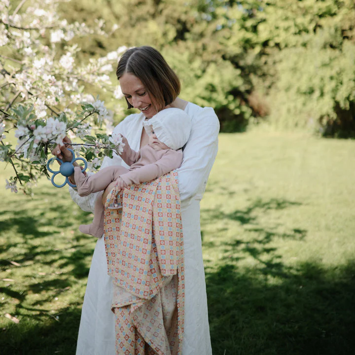 Organic Muslin Swaddle - Happy Flowers Check by Mushie & Co - Image 3