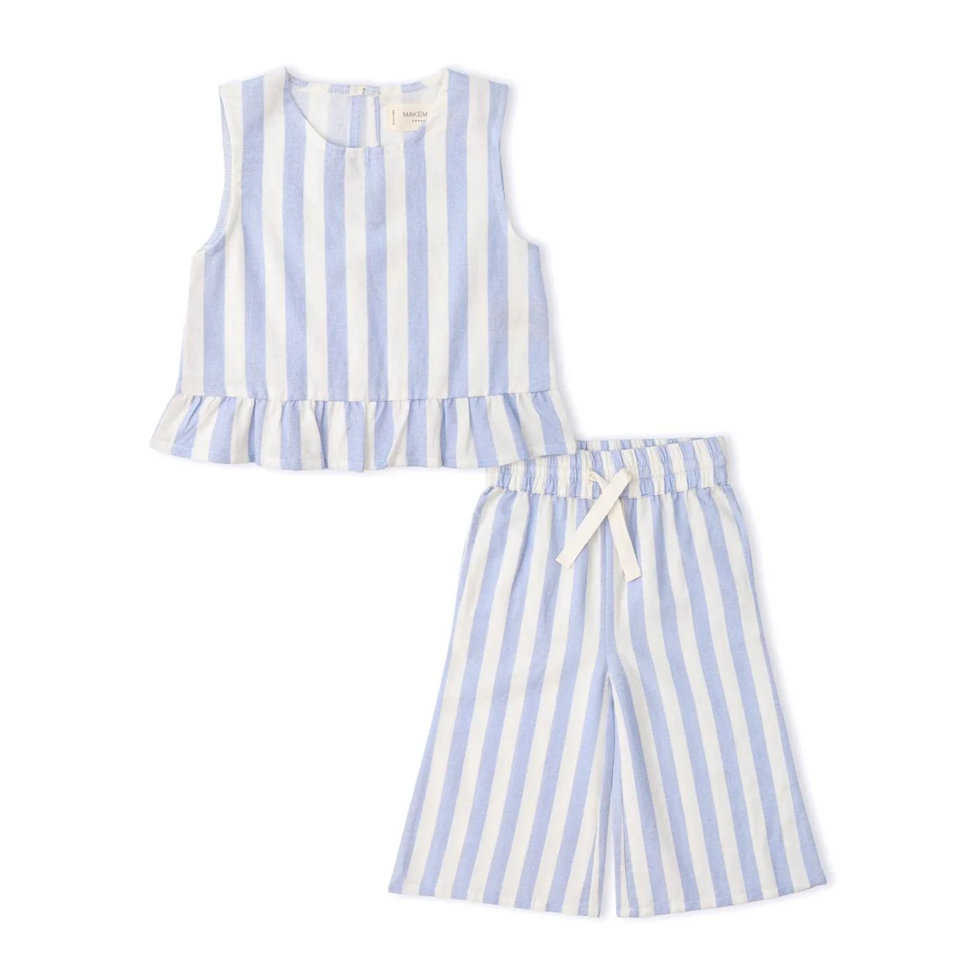 Organic Ruffle Top & Pants Set - Blue Stripes by Makemake Organics