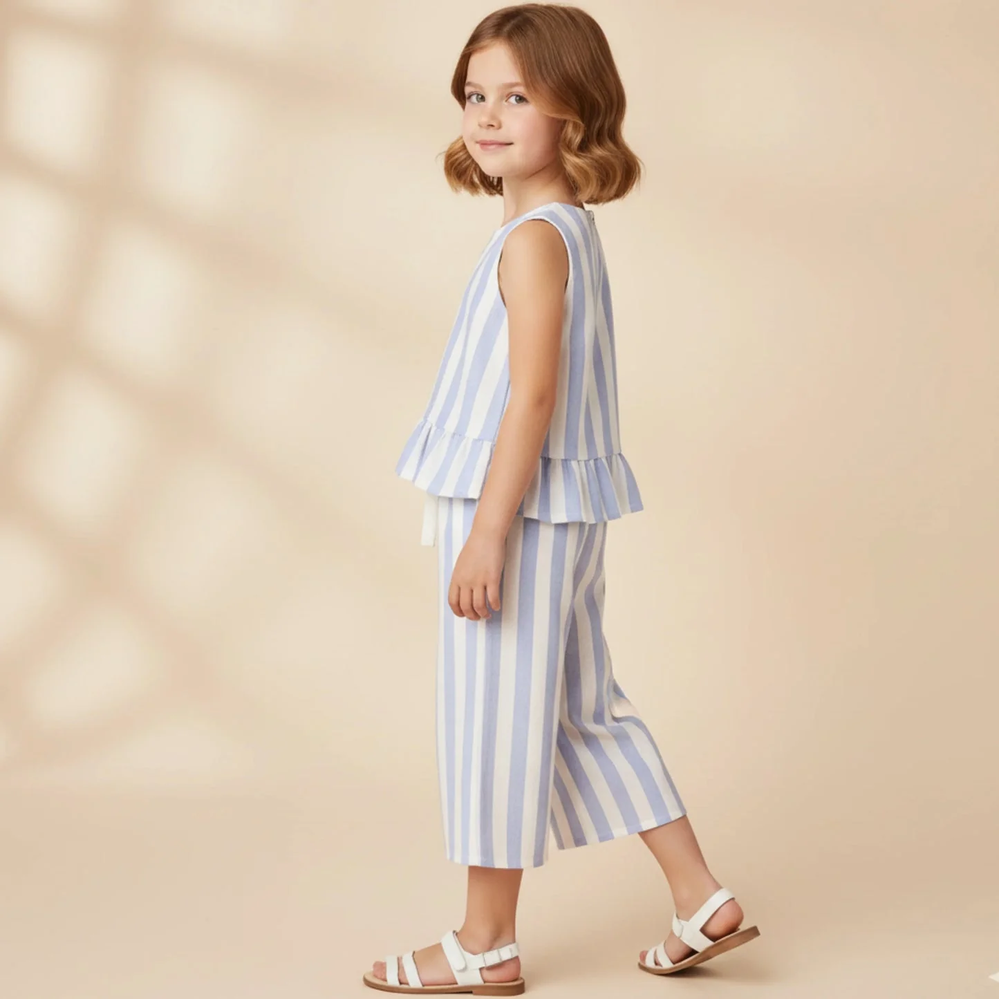 Organic Ruffle Top & Pants Set - Blue Stripes by Makemake Organics - Image 2