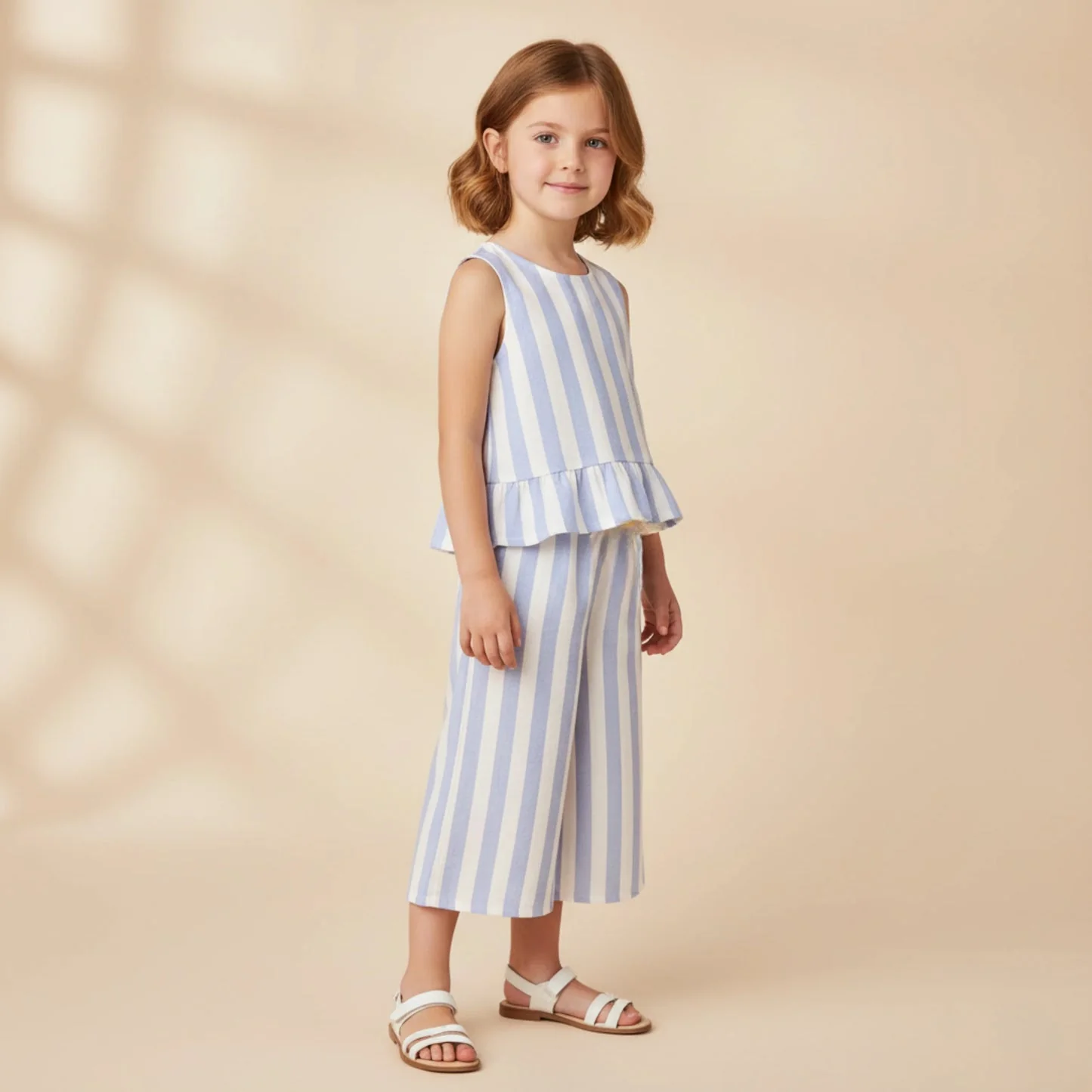 Organic Ruffle Top & Pants Set - Blue Stripes by Makemake Organics - Image 3
