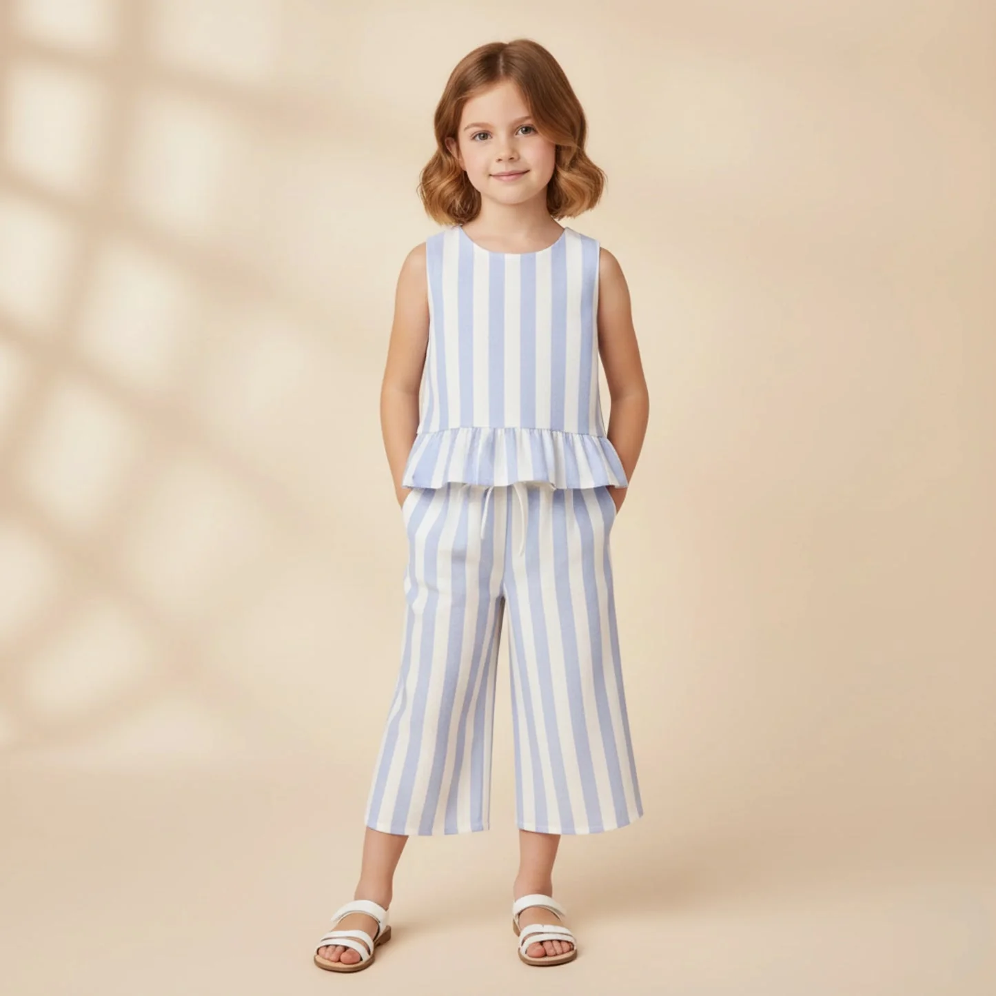 Organic Ruffle Top & Pants Set - Blue Stripes by Makemake Organics - Image 4