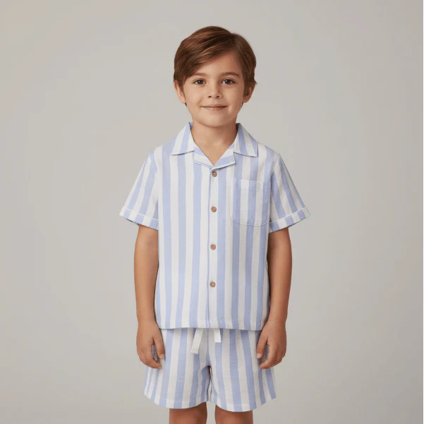 Organic Shirt & Shorts Set - Blue Stripes by Makemake Organics - Image 2