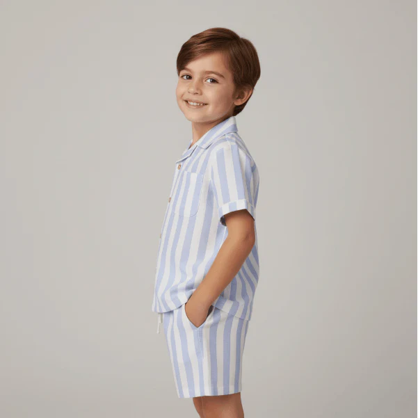 Organic Shirt & Shorts Set - Blue Stripes by Makemake Organics - Image 3