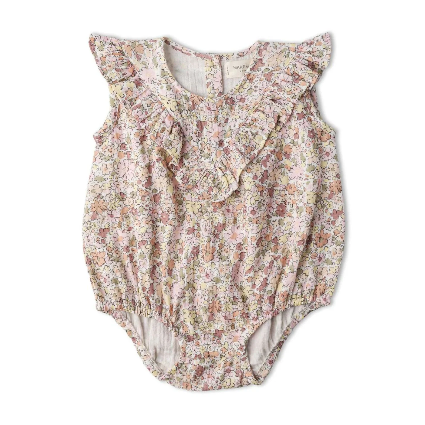 Organic Sleeveless Ruffle Bubble Romper - Pastel Bloom by Makemake Organics