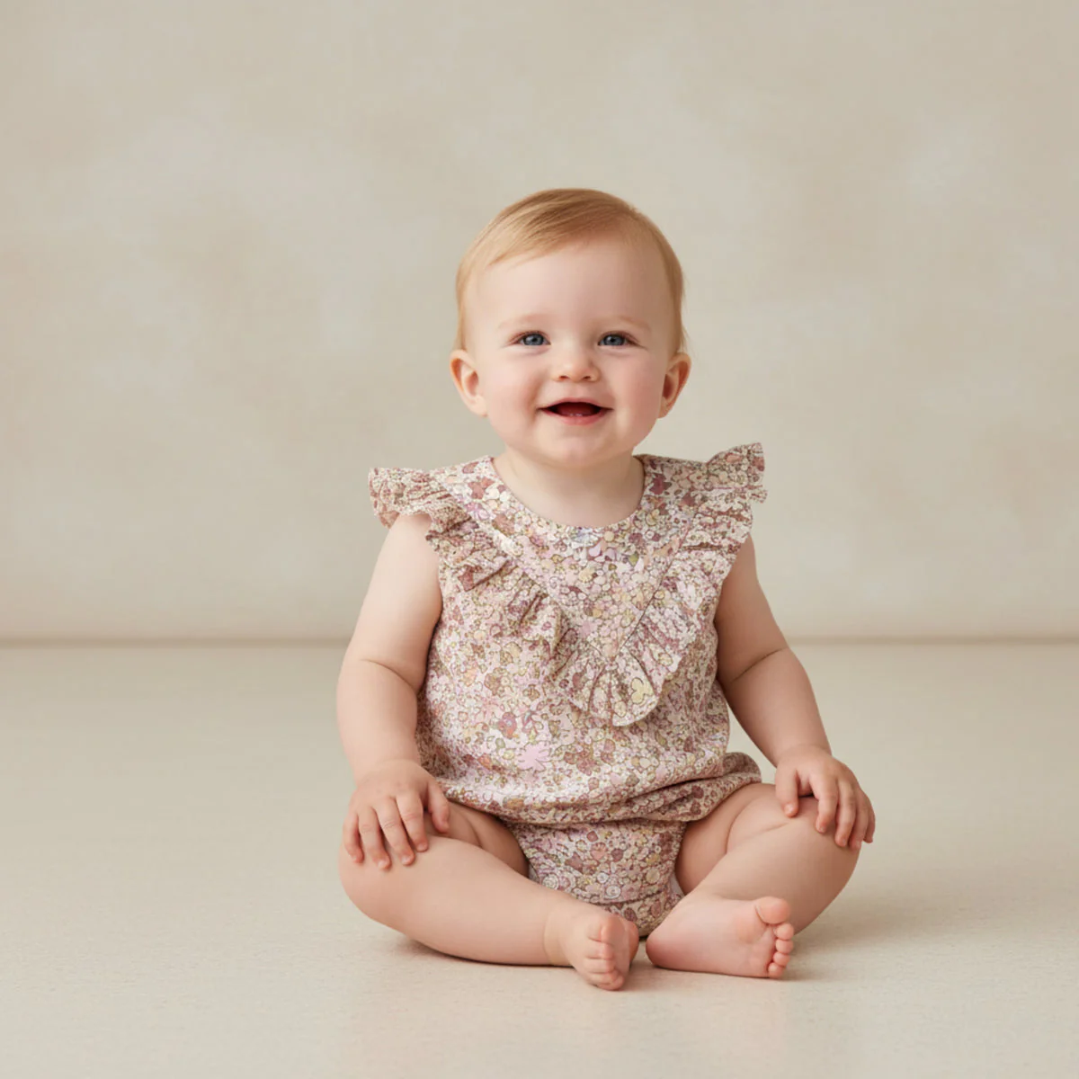 Organic Sleeveless Ruffle Bubble Romper - Pastel Bloom by Makemake Organics - Image 2
