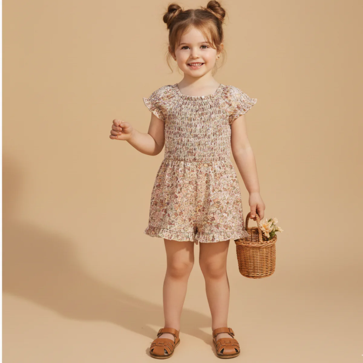 Organic Smocked Jumpsuit - Pastel Bloom by Makemake Organics - Image 3
