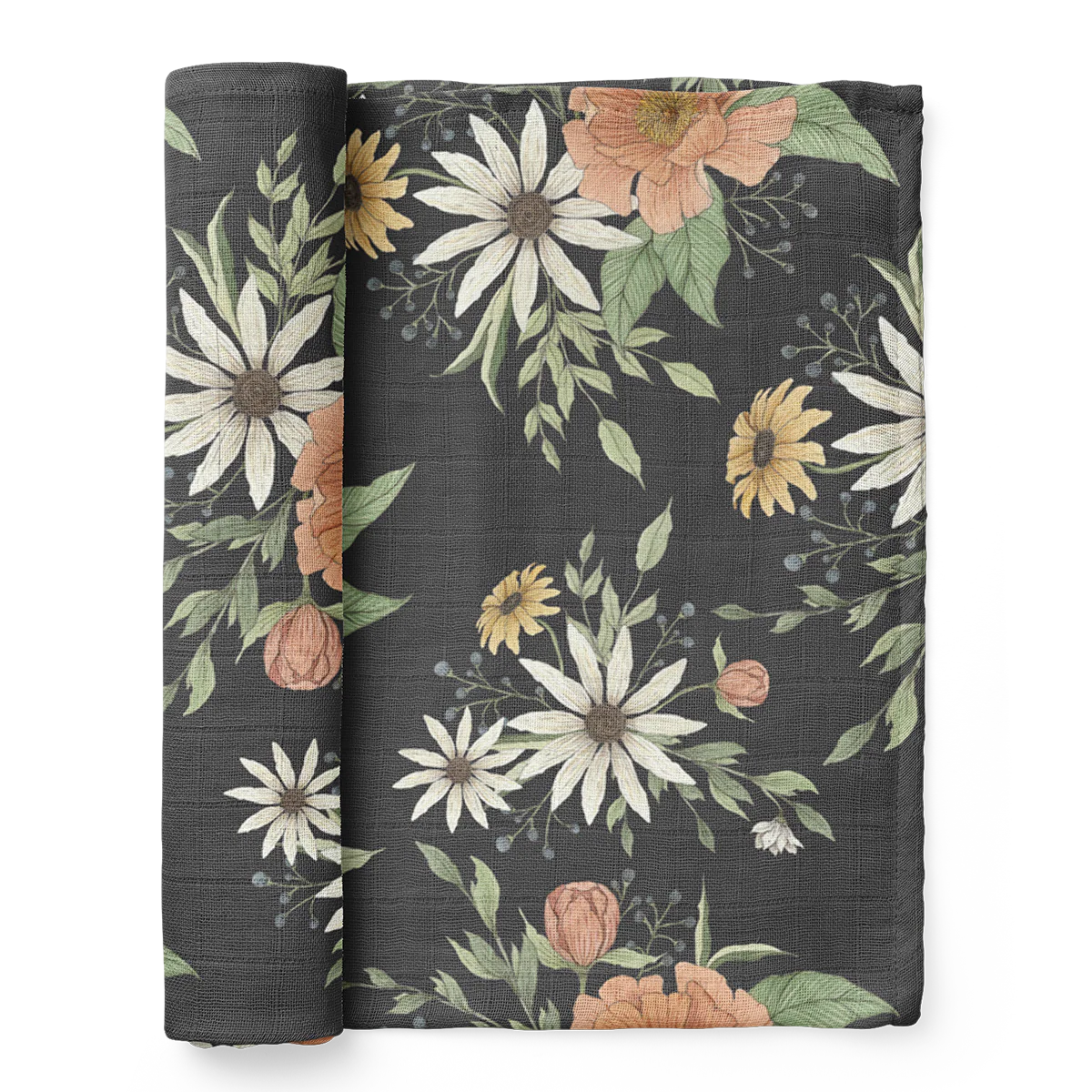 Peony Blooms Muslin Swaddle - Charcoal Grey by Mini Wander