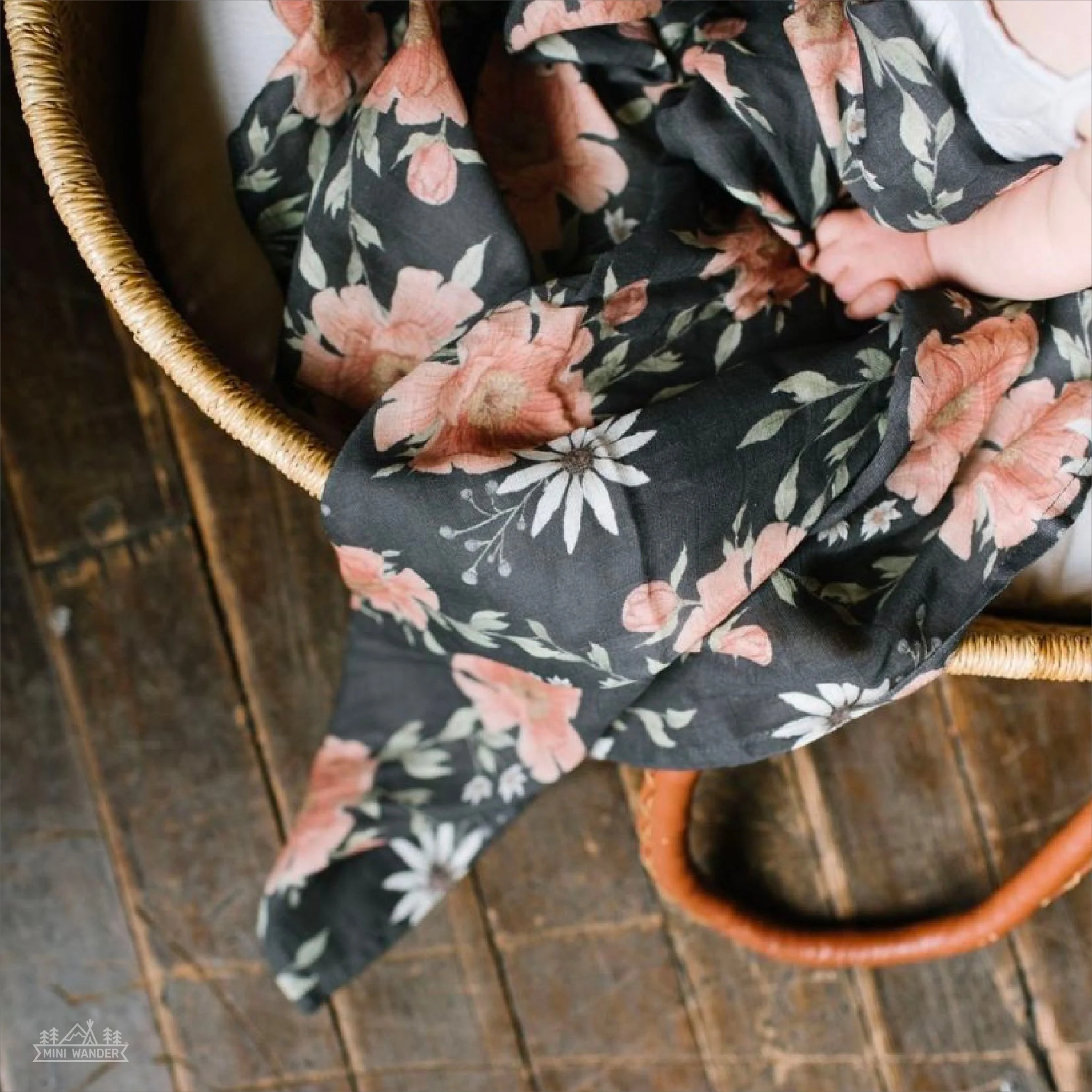 Peony Blooms Muslin Swaddle - Charcoal Grey by Mini Wander - Image 2