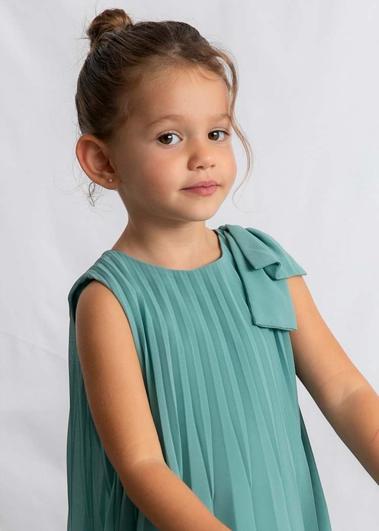 Pleated Dress with Shoulder Bow - Mint by Mayoral - Image 3